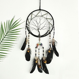 Iron & Gemstone Pendant Decoration, Woven Net/Web with Feather Home Wall Hanging Decor, Flat Round with Tree of Life