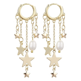 Серьги-кольца из латуни и натурального пресноводного жемчуга, с фурнитурой латунной для серег, звезда