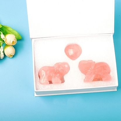 Natural Rose Quartz Carved Healing Elephant & Heart Set Figurines, Reiki Energy Stone Display Decorations