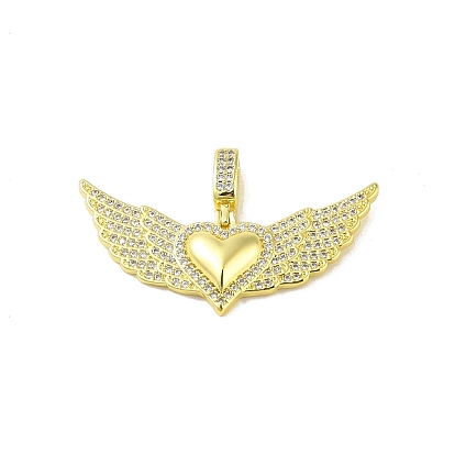 Brass Micro Pave Cubic Zirconia Pendants, Real 18K Gold Plated, Heart with Wing