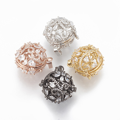 Brass Cage Pendants, For Chime Ball Pendant Necklaces Making, Cadmium Free & Lead Free, with Micro Pave Cubic Zirconia, Hollow Round, Clear