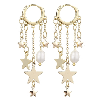 Серьги-кольца из латуни и натурального пресноводного жемчуга, с фурнитурой латунной для серег, звезда
