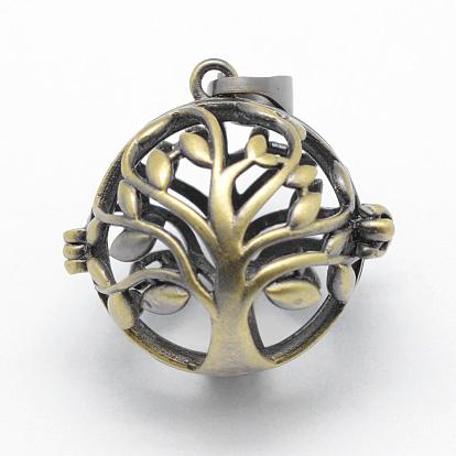 Brass Rack Plating Cage Pendants, For Chime Ball Pendant Necklaces Making, Lead Free & Cadmium Free, Round with Tree