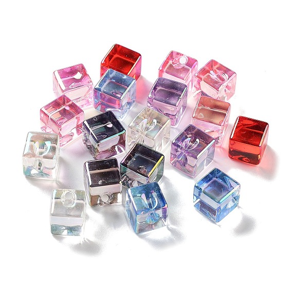 UV Plating Transparent Acrylic Beads, Iridescent, Cube