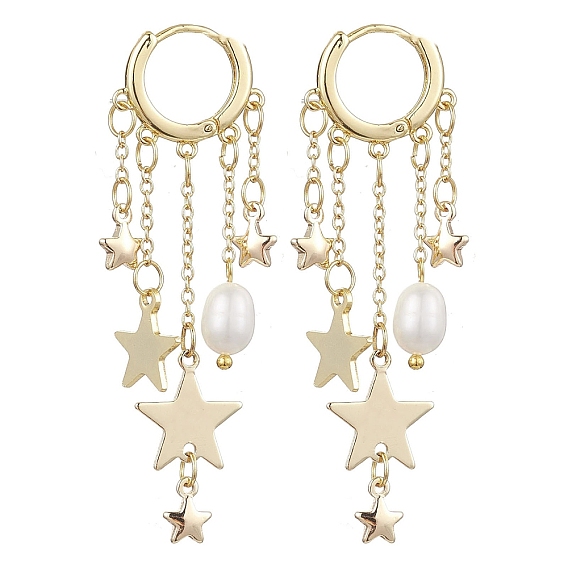 Серьги-кольца из латуни и натурального пресноводного жемчуга, с фурнитурой латунной для серег, звезда
