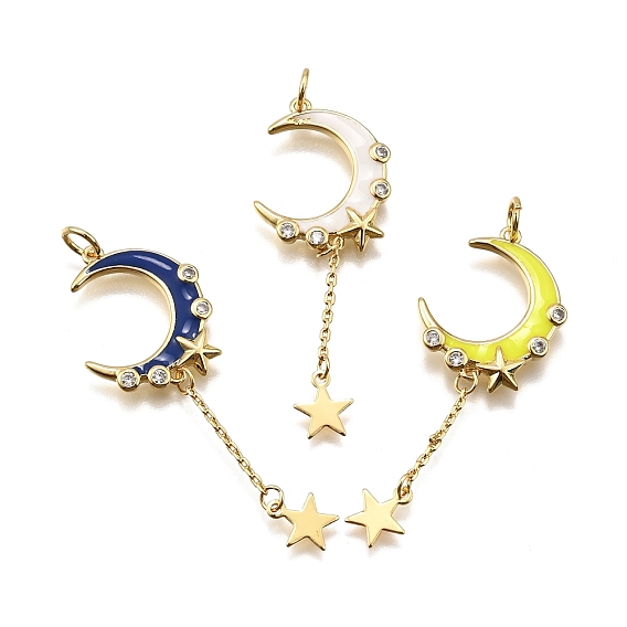 Латунные микро проложить кубического циркония подвески, с эмалью, Луна и звезды, стойки покрытие, долговечный, без свинца и без кадмия, реальный 18 k позолоченный, с целью перехода в кольце
