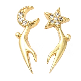 Rack Plating Brass Moon & Star Asymmetrical Earrings, Stud Earrings with Cubic Zirconia, Lead Free & Cadmium Free