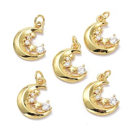 Brass Micro Pave Clear Cubic Zirconia Pendants, with Jump Ring, Long-Lasting Plated, Moon