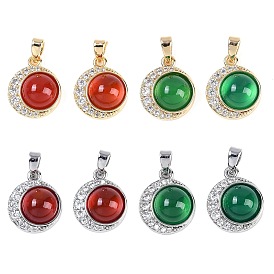 Natural Agate(Dyed & Heated) Pendants, Brass Micro Pave Clear Cubic Zirconia Flat Round Charms