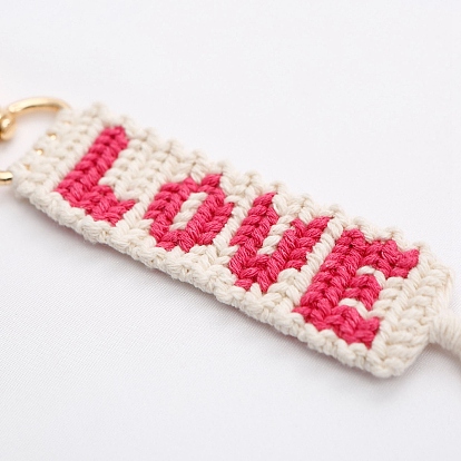 Valentine's Day Word Love Hand-woven Cotton Pendant Decorations, Bohemian Style Letter Tassel Ornaments, with Alloy Lobster Clasp Charm