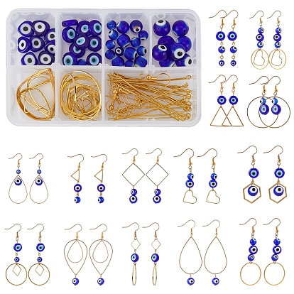 Kits de fabrication de boucles d'oreilles diy mauvais œil, y compris les anneaux de liaison en alliage, maillons en laiton et crochets pour boucles d'oreilles, perles au chalumeau à la main ronde