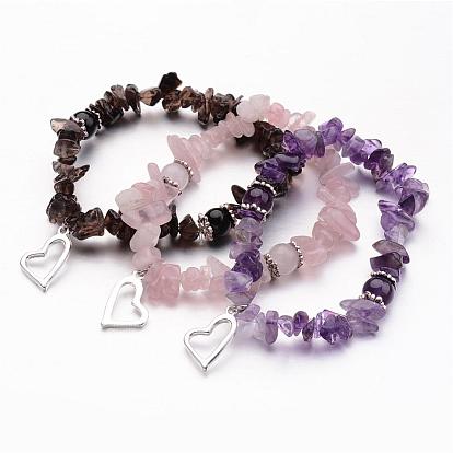 Gemstone Charm Bracelets, with Silver Color Plated Alloy Pendants, Heart