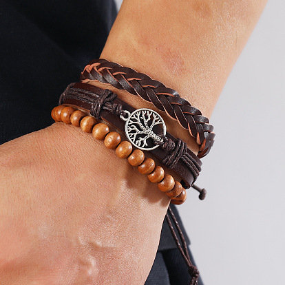 5Pcs 5 Style PU Leather Cord Bracelets Set, Tree of Life Alloy Links & Wood Beaded Stackable Bracelets