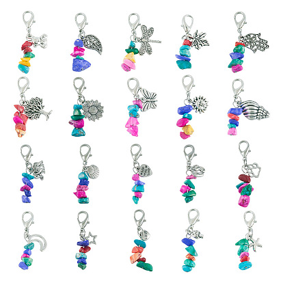 Подвески из окрашенного синтетического бирюзового бисера, с застежками-когтями из цинкового сплава и подвесками из сплава в тибетском стиле, разнообразные