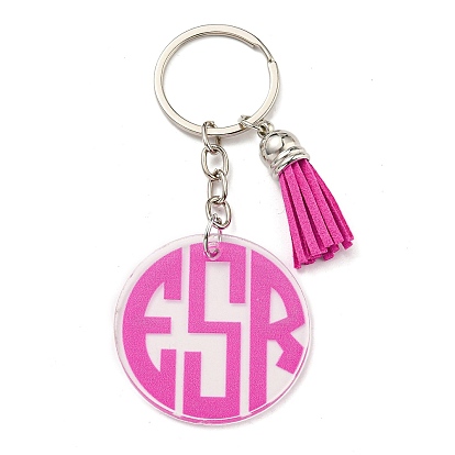 Acrylic Flat Round with Suede Tassel Pendant Keychain, with Iron Key Ring