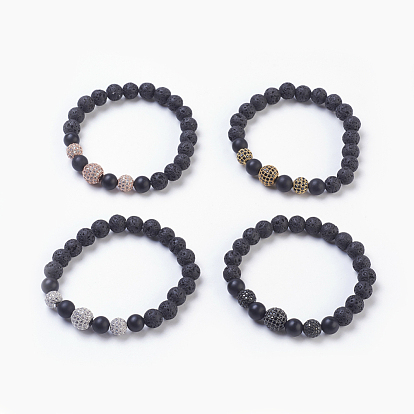 Natural Lava Rock Beads Stretch Bracelets, with Natural Black Agate(Dyed) Beads and Brass Cubic Zirconia Beads