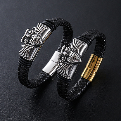 Плетеный пу кожаные браслеты, 304 Браслеты с подвесками в виде совы из нержавеющей стали для мужчин, с магнитными застежками
