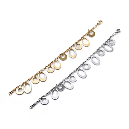 304 Stainless Steel Charm Bracelets, with Cable Chains and Lobster Claw Clasps, Oval and Ring