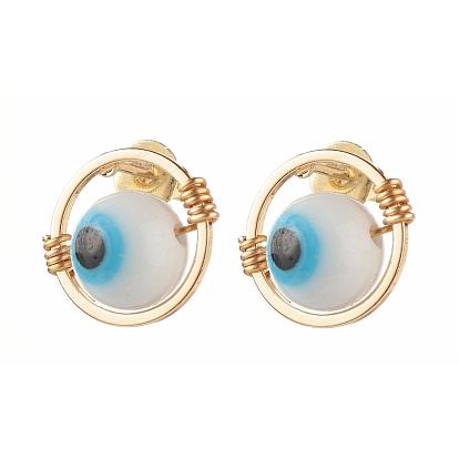 Evil Eye Lampwork Round Beads Stud Earrings, Wire Wrap Brass Earring, Golden