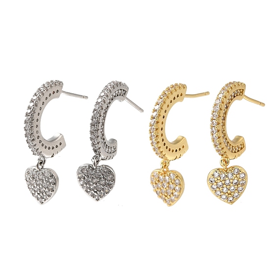 Серьги-пусеты из латуни с микропаве и прозрачным фианитом, без кадмия и без свинца, долговечный, сердце