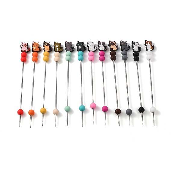 12 pièces 12 styles perle en silicone en forme de chat avec aiguilles à tricoter en acier inoxydable, couleur inox