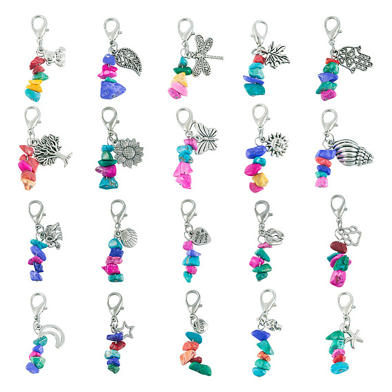 Подвески из окрашенного синтетического бирюзового бисера, с застежками-когтями из цинкового сплава и подвесками из сплава в тибетском стиле, разнообразные