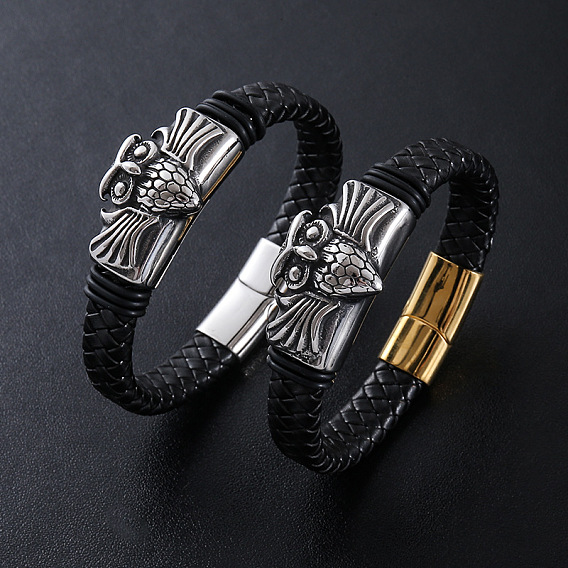 Плетеный пу кожаные браслеты, 304 Браслеты с подвесками в виде совы из нержавеющей стали для мужчин, с магнитными застежками