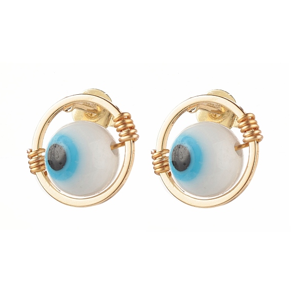 Evil Eye Lampwork Round Beads Stud Earrings, Wire Wrap Brass Earring, Golden