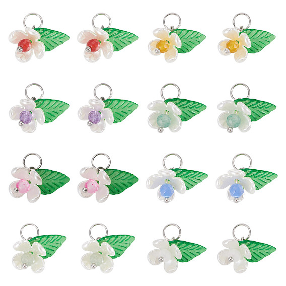 40 шт 8 стили натуральные смешанные драгоценные камни цветы подвески, с имитацией жемчуга из АБС-пластика и акриловыми листьями, смешанные окрашенные и неокрашенные, разноцветные