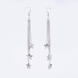 304 Stainless Steel Dangle Earrings, Tassel Earrings, with Brass Hook, Star