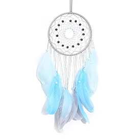 Indian Iron Ring Woven Net/Web with Feather Wall Hanging Decoration, with Cloth & Plastic Beads, for Home Offices Amulet Ornament