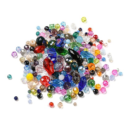 Perles de verre à facettes transparentes, percé au centre/percé en haut, rond/goutte d'eau/bicone, forme mixte