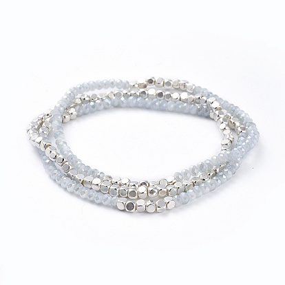 Наборы браслетов из гальванического стекла, 3strand / комплект, с кубиками из латуни