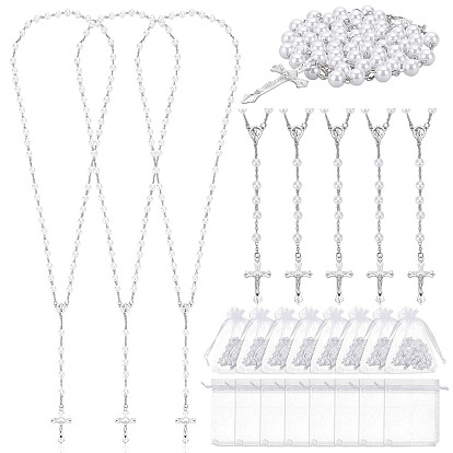 30шт. кулоны в виде креста Иисуса и Девы Марии из сплава и белого круглого АБС-пластика с имитацией жемчуга, четки, с 30шт. мешочков из органзы