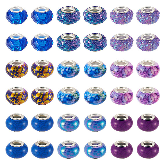 90 piezas 9 estilos resina cuentas europeas, abalorios de grande agujero, porcelana imitación, con núcleos de doble platino tono de bronce, Rondana plana