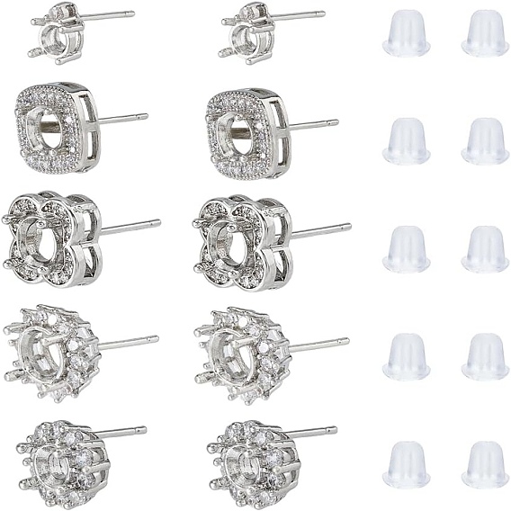 5 Pairs 5 Styles Brass Stud Earring Findings, 6 Claws Blank Earring Post, with Plastic Ear Nuts
