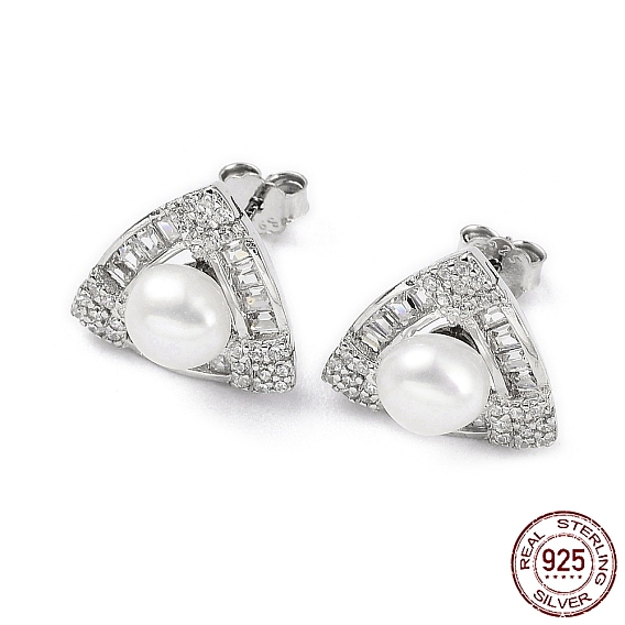 925 Sterling Silver Micro Pave Cubic Zirconia Triangle Stud Earrings for Women, Natural Pearls Beaded Earrings