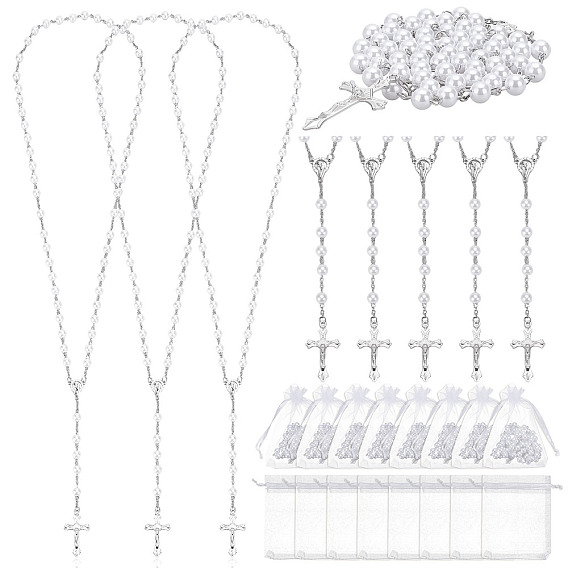 30шт. кулоны в виде креста Иисуса и Девы Марии из сплава и белого круглого АБС-пластика с имитацией жемчуга, четки, с 30шт. мешочков из органзы