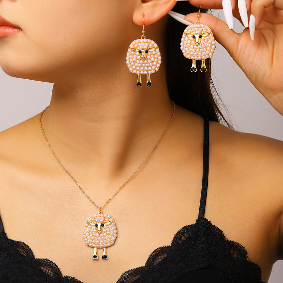 Alloy & Plastic Pearl & Rhinestone Dangle Earrings, Sheep