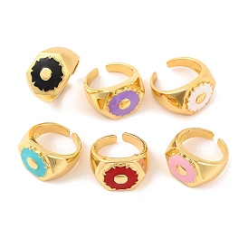 Brass Open Cuff Rings, Hexagon with Flower Enamel Ring for Women, Lead Free & Cadmium Free, Real 18K Gold Plated