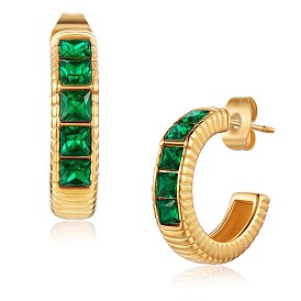 Green Cubic Zirconia C-shape Stud Earrings, 430 Stainless Steel Half Hoop Earrings for Women