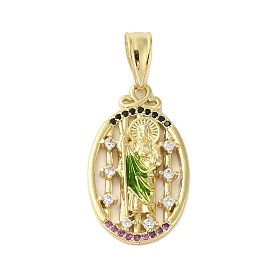 Rack Plating Brass Micro Pave Cubic Zirconia Pendants, with Enamel, Long-Lasting Plated, Cadmium Free & Lead Free, Oval with Saint Charm