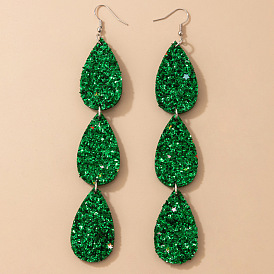 Green Sparkling Christmas Drop Earrings with Geometric Tassels - Long and Stylish