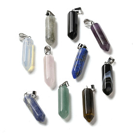 Mixed Gemstone Pointed Pendants, Faceted Bullet Charms with Brass Snap on Bails