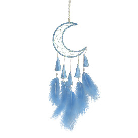 Moon Woven Net/Web with Feather Pendant Decoration, with Iron Ring and Tassels