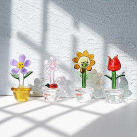 Handmade Glass Crafts Display Decorations, for Home Office Desktop Ornament, Planter with Flower/Mushroom/Bird