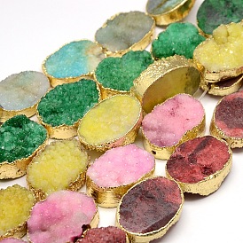 Golden Plated Dyed Oval Natural Druzy Quartz Crystal Beads Strands, 30x22x5~12mm, Hole: 2mm, about 6pcs/strand, 7 inch