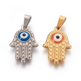 304 acier inoxydable émail pendentifs, hamsa main / main de fatima / main de miriam, avec des yeux