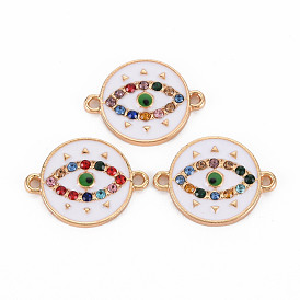 Alloy Links Connectors, with Enamel and Colorful Rhinestone, Light Gold, Flat Round with Evil Eye