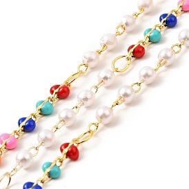 Enamel & Glass Pearl Beaded Chains, with Real 18K Gold Plated Brass Findings, Soldered, with Spools